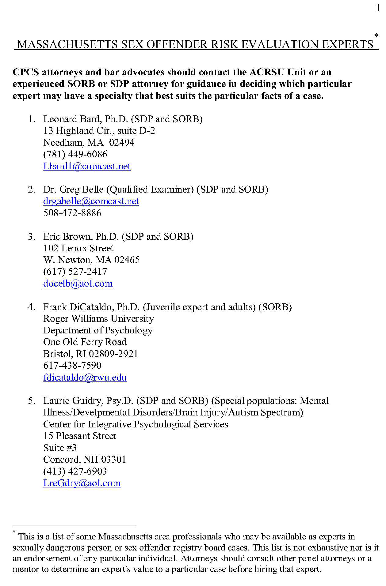 List of Sex Offender Risk Evaluation Experts.Updated Oct. 2014_1